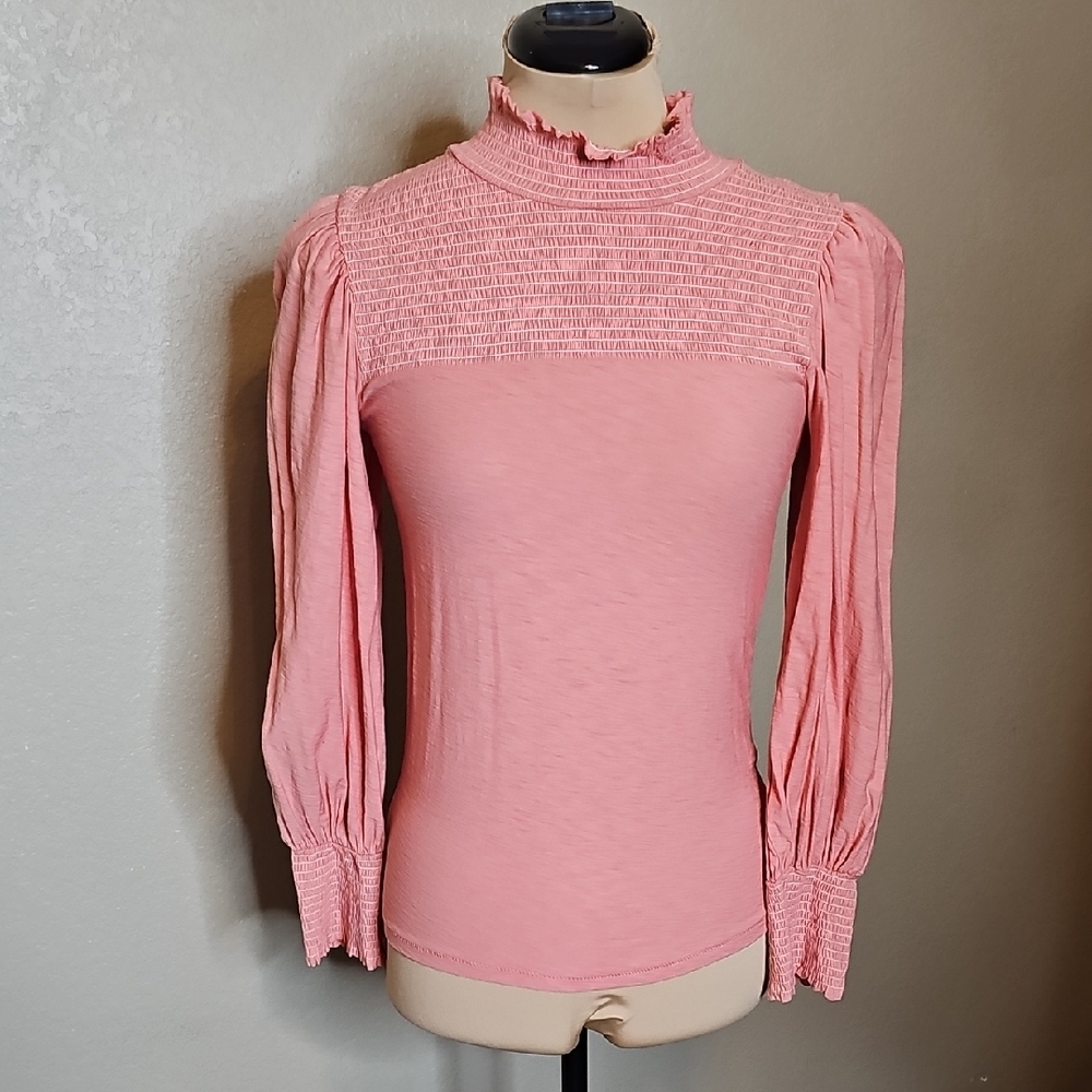 NWOT Nation LTD XS Zahara Femme Mockneck Pink Smocked Long Sleeve‎ Blouse